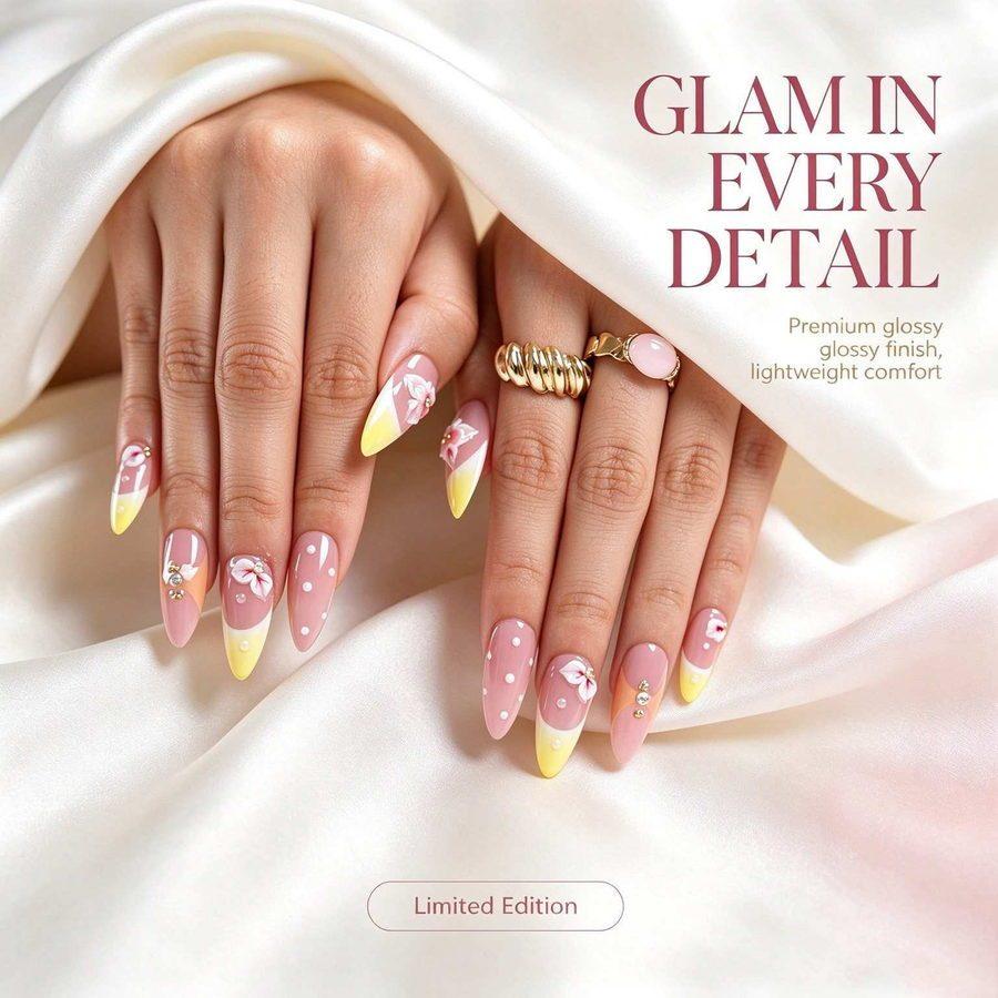 Hand Painted 3D Flower Almond Press-On Nails | Pink Yellow Reusable False Nails