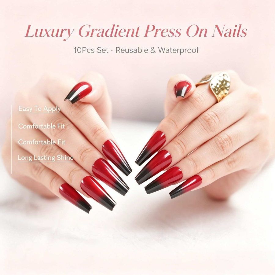 Long Coffin Red Black Gradient Press-On Nails, Glossy Gothic False Nail Tips, Reusable Handmade Fake